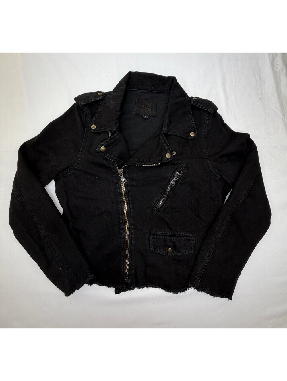 PRPS Women's Biker Jacket Distressed Raw Hem Zipper Closure Size Large Black